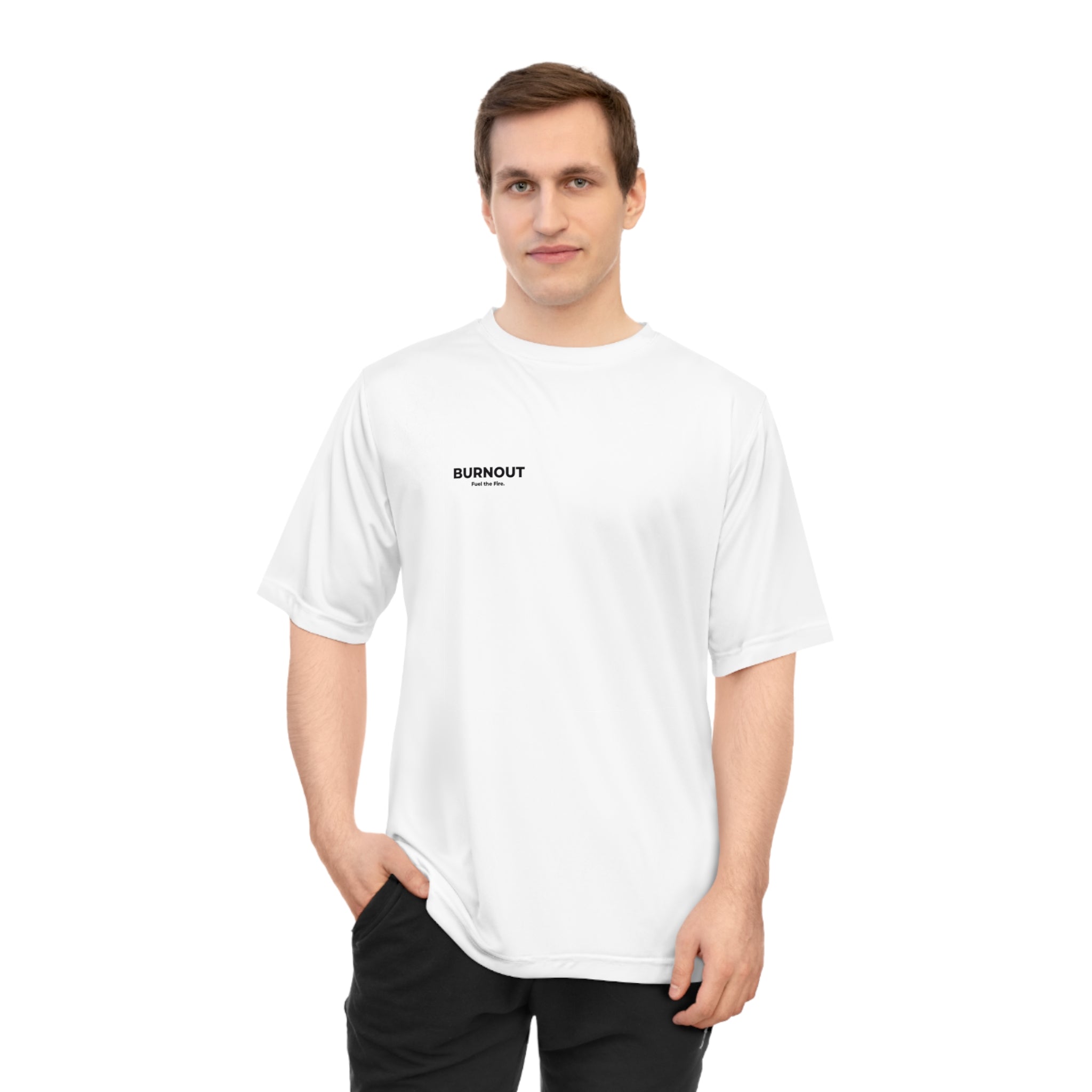 Performance Tee — 'Burnout' Caffeine 100% / Sleep 2% / Battery 1% Graphic