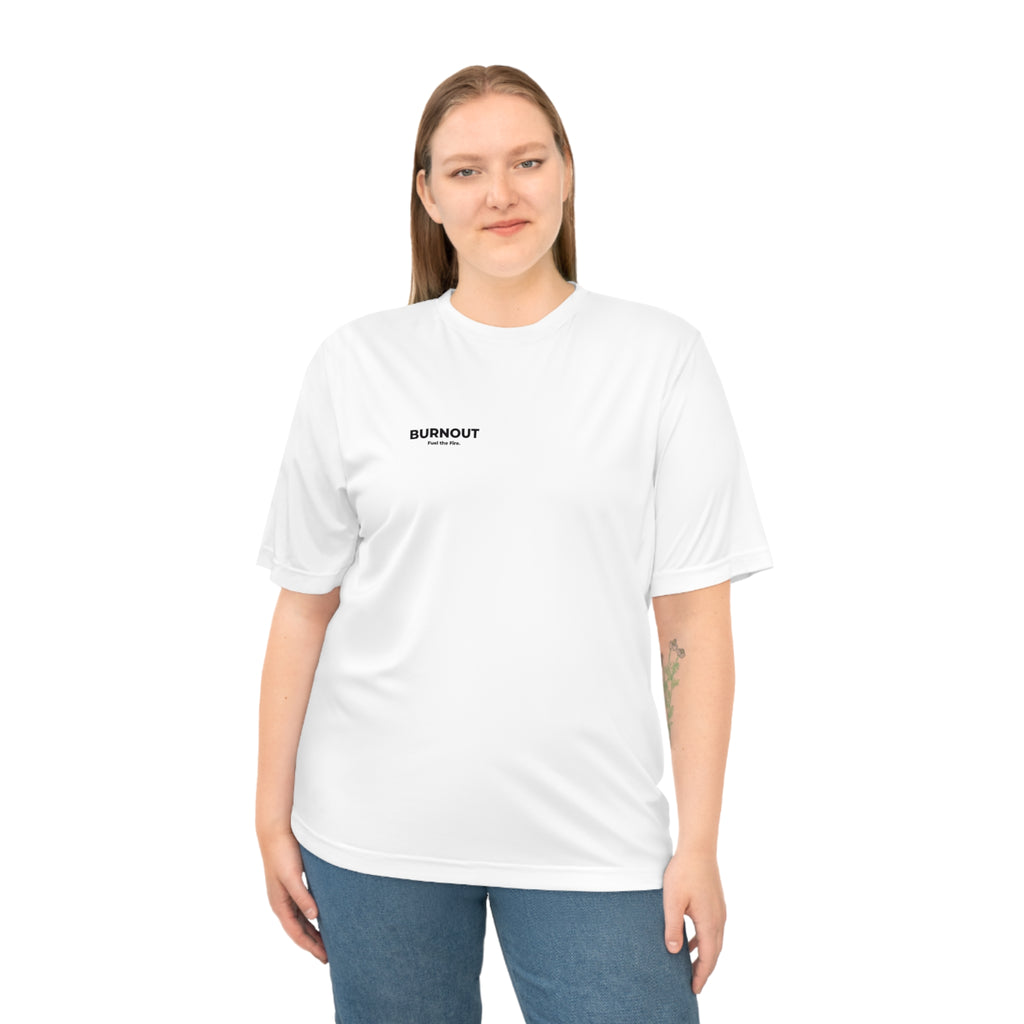 Performance Tee — 'Burnout' Caffeine 100% / Sleep 2% / Battery 1% Graphic